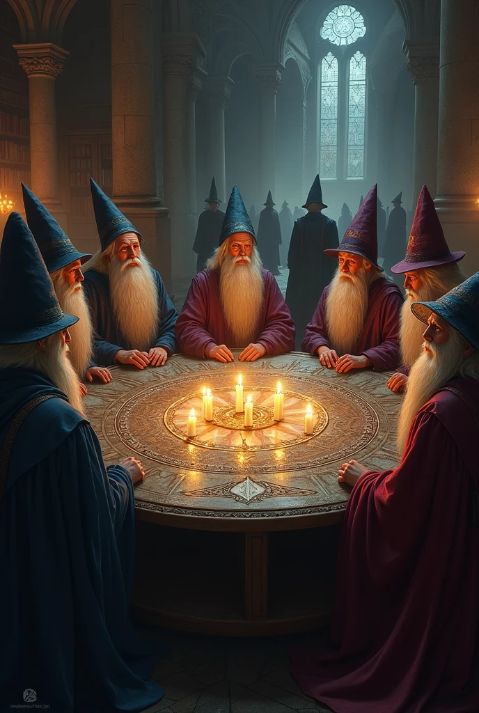 A council of wizards at a roundtable