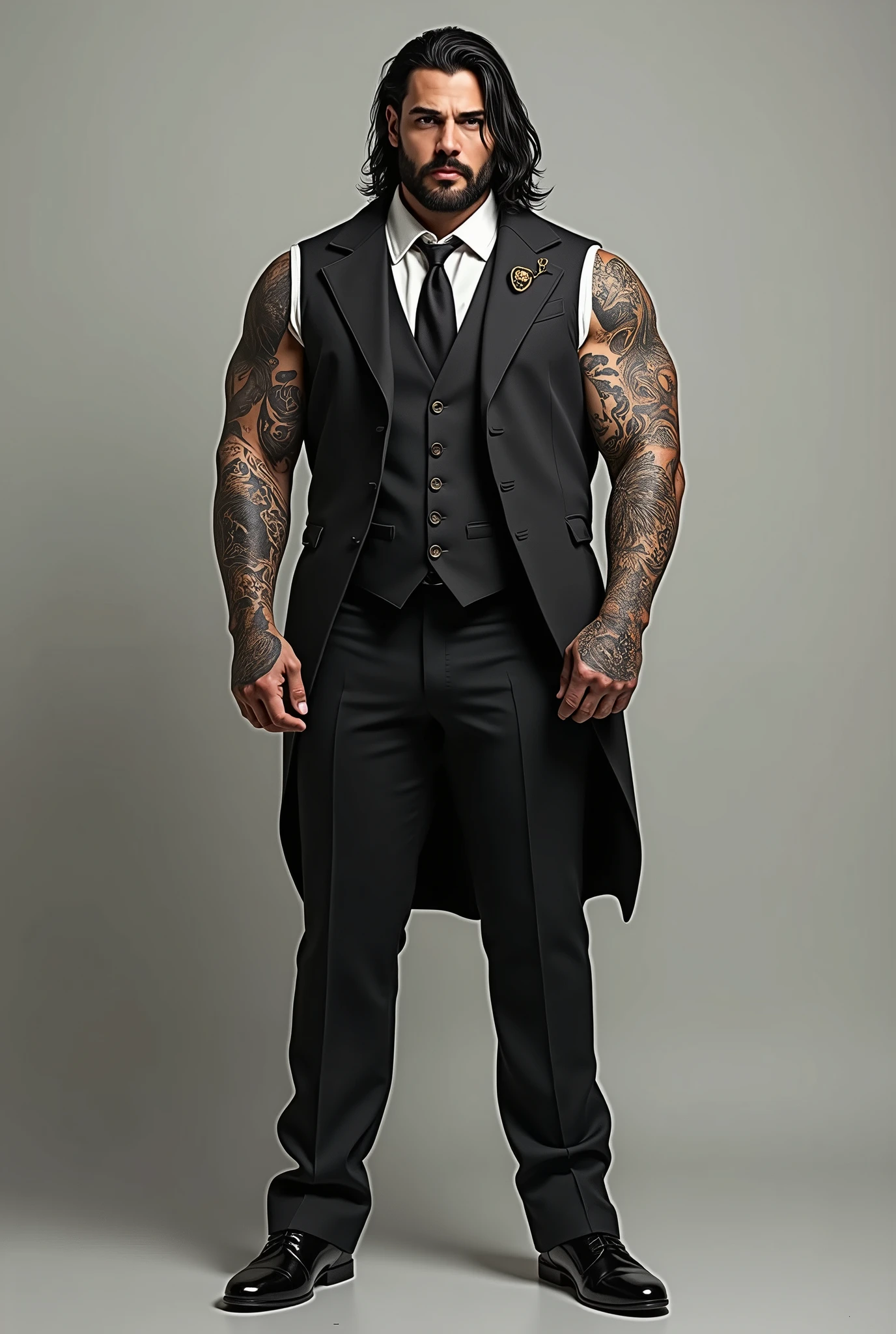 Full-length guy with a handsome face. Covered in tattoos, with black and long hair, dressed in suit. Without background. muscular. 