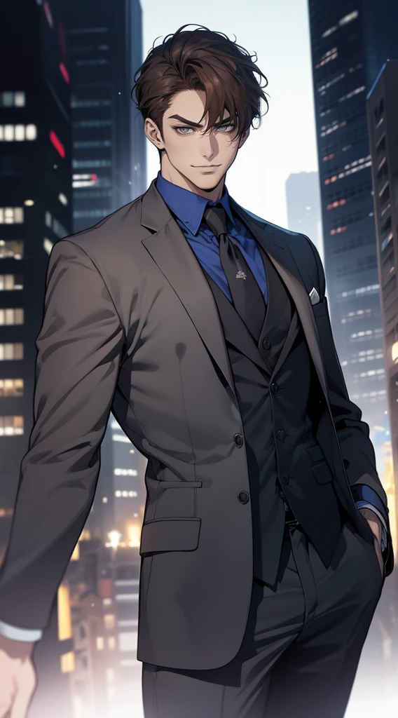 masutepiece, Best Quality, Realistic, 1man, matured male, Quiet and charming young man, 2, closing eye, Serious look, extra detailed face, ((dark grey eyes)), ((Short right sweep dark brown hair)), [Thick eyebrows], detective, city, ((Blue color suit)), Cinematic lighting, gaze at the audience, Postural dynamics, Smirk