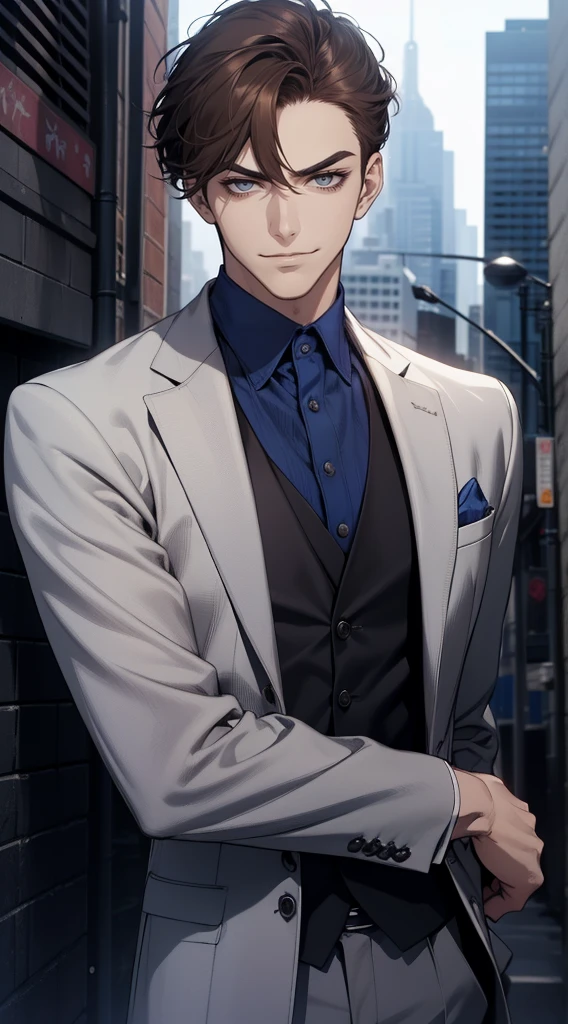 masutepiece, Best Quality, Realistic, 1man, matured male, Quiet and charming young man, 2, closing eye, Serious look, extra detailed face, ((dark grey eyes)), ((Short right sweep dark brown hair)), [Thick eyebrows], detective, city, ((Blue color suit)), Cinematic lighting, gaze at the audience, Postural dynamics, Smirk