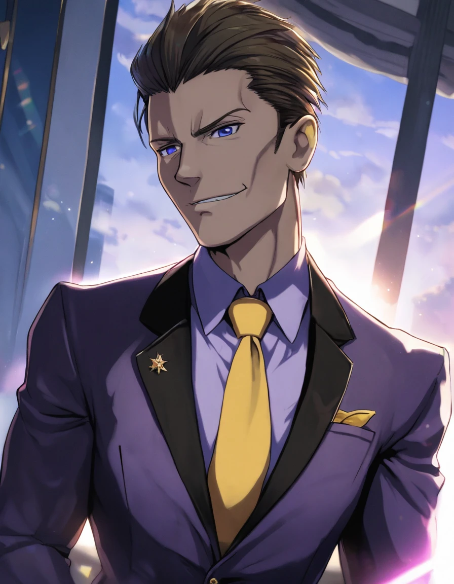 1man, dandy president, solid mature, spiked slicked back, darkblue eyes, businessman hairstyle, olive hair, BREAK bold producer, toned uncle, ordinary, high cheekbones, broad shoulder, square shaped face, 50yo, ideal ratio body proportions, BREAK violet formal jacket, purplewhite shirt, yellow necktie, BREAK sexy smile, cool emotion, romance, BREAK solo, upperlegs, smart expression, visual novel, 2000s, in eroge style, in persona style, BREAK depth of field, dutch angle, cinematic shadows, cinematic lighting, lens flare, light leaks, texture, absurdres absolutely resolution, extreme all detailed, greatest painting, BREAK masterpiece, best quality