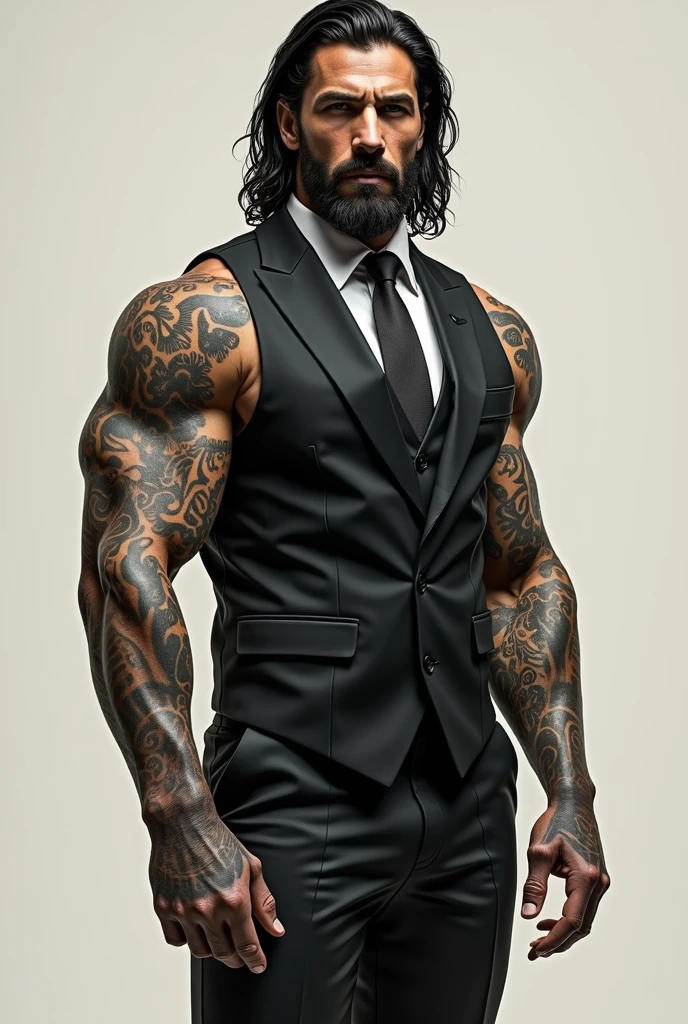 Full-length guy with a handsome face. Covered in tattoos, with black and long hair, dressed in suit. Without background. muscular.