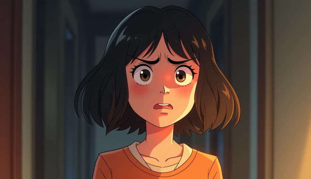 a young adult woman furious with her parents, angry facial expression, studio ghibli art style, studio ghibli art style