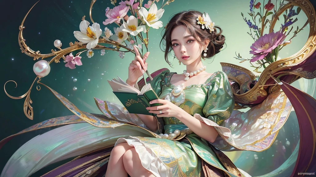 32K, 最高quality, 最高masterpiece, (ultra-Detailed Background, Detailed Background), High resolution, Super detailed, Very detailedな, 1 personの, (bouquet:1.3), (Tangled:1.2), (Geometric:1.2),(colorful),(masterpiece, quality, best quality, Official Art, Beautiful and beautiful:1.2), (1 person:1.3), Very detailed,(colorful:1.1)(Flowers:1.3),Most detailed,(Tangled:1.2), whole body, (Abstract background:1.3), (Skin glows), (Many colors:1.4), ,(Earrings Pearl:1.5), Light green background, It's imaginative., Brunette Hair, Updo, Holding a book, Holding a pen, Satin blouse,