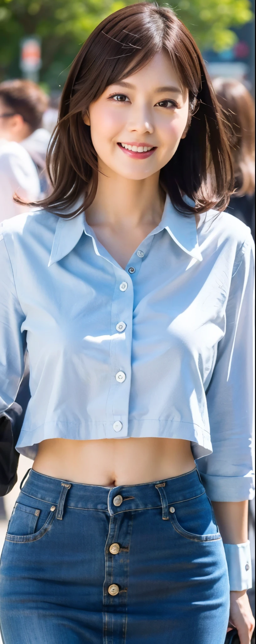 (8k, RAW photos, top quality, masterpiece: 1.2, ultra detailed, super resolution, real photos: 1.37), (Full body photo), 1 noble elegant Japanese lady, A lot of wrinkles on the face, plumw, (standing contrapposte), Denim short skirt, Thighs white, Good skin radiance, tunic shirt, tight-fitting, large pelvis, Black heels, Shiny, mature pretty woman, Moist clothes, Smile, Daylight, Looks like 1.8 meters tall, Large breasts, big cuvy hips, Thin waist, Long legs, skin hyper-detail, 4, Perfect face, Fantastic look, (Detailed facial features), Wavy hair, center of street, crowd of people,