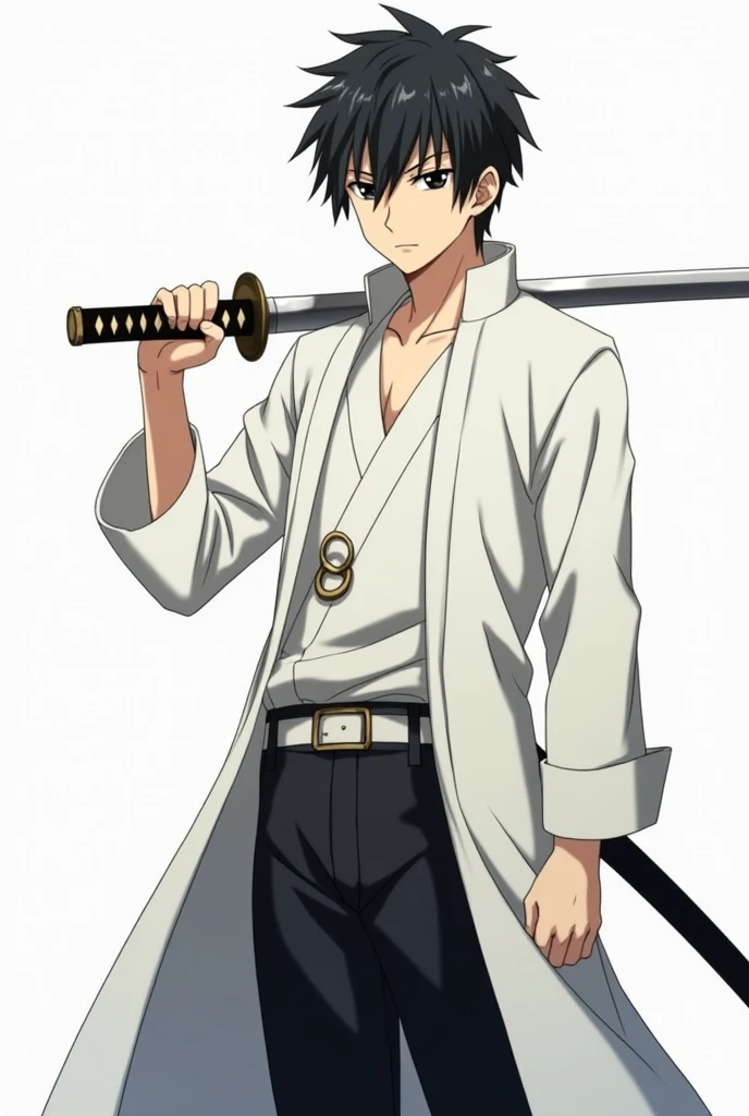 Yuta okkotsu, (jujutsu kaisen), (Black hair), (hair cut), black eyes, (dark circles under the eyes), serious expression, white jujutsu uniform coat with ring, (black pants), (white belt waist), (holding katana), (masterpiece), (anime screencap), (handsome), (young man)