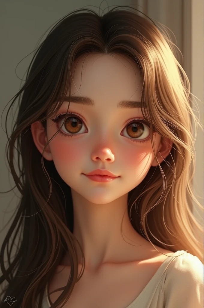 Smiling girl with brown hair and long slanted eyes, teenager