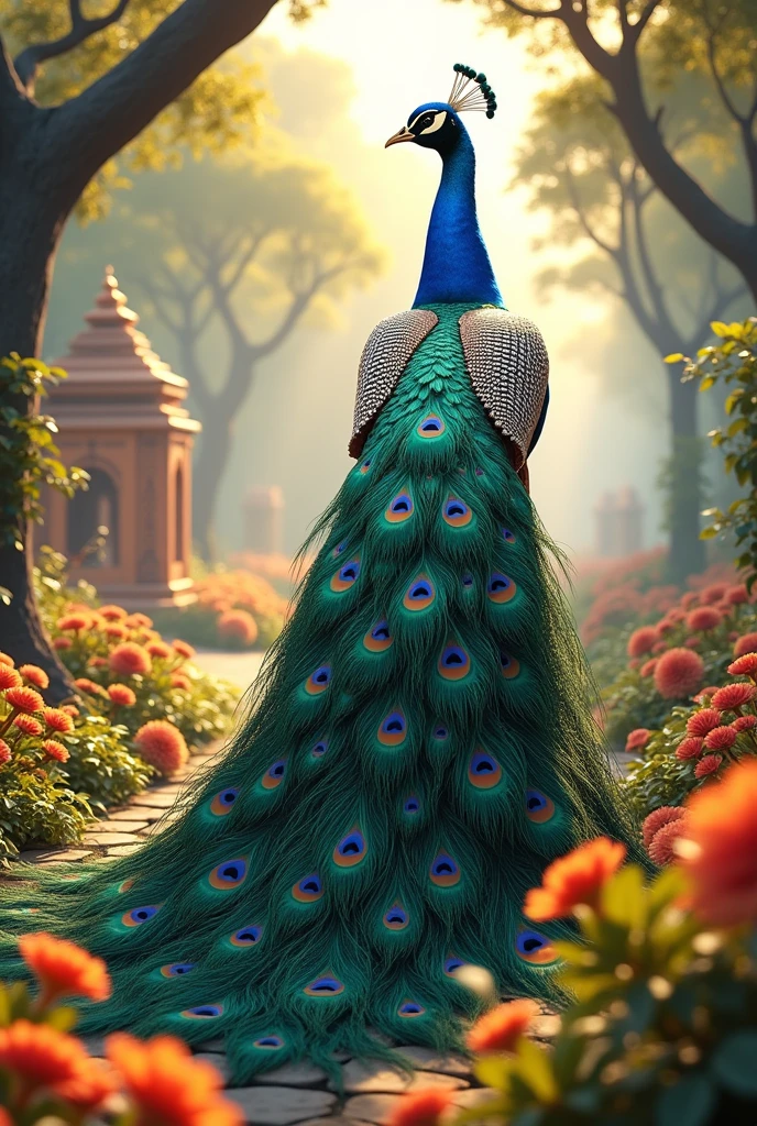 In 3D animation generate" A detailed image of the peacock displaying its colorful feathers in the Vrindavan setting.
."
