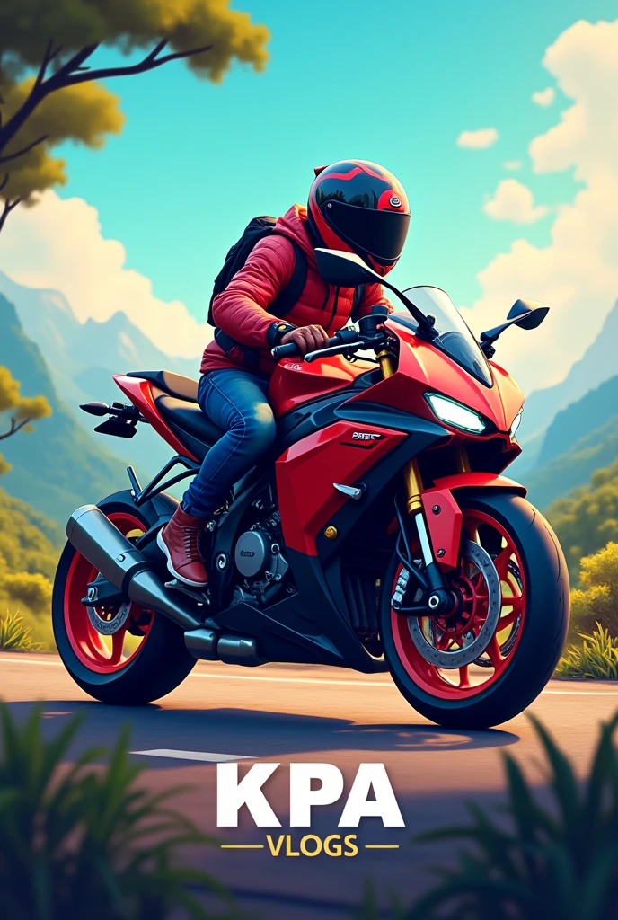 It is youtube channel Name with kPA Vlogs so i need logo background with motor bike make some hd and look like real with nature not like cartoon racing bike kpa logo also write KPA Vlogs on downside