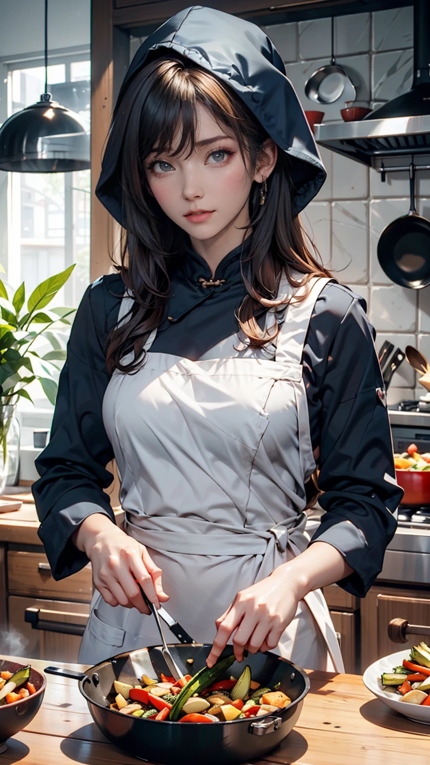 Can also be used for stir-frying、apron、Frying pan(Stir-fried vegetables)、Silver Hair、Triangular hood on the head、Large kitchen、（Like a Chinese chef)Frying panを振る、The ingredients fly