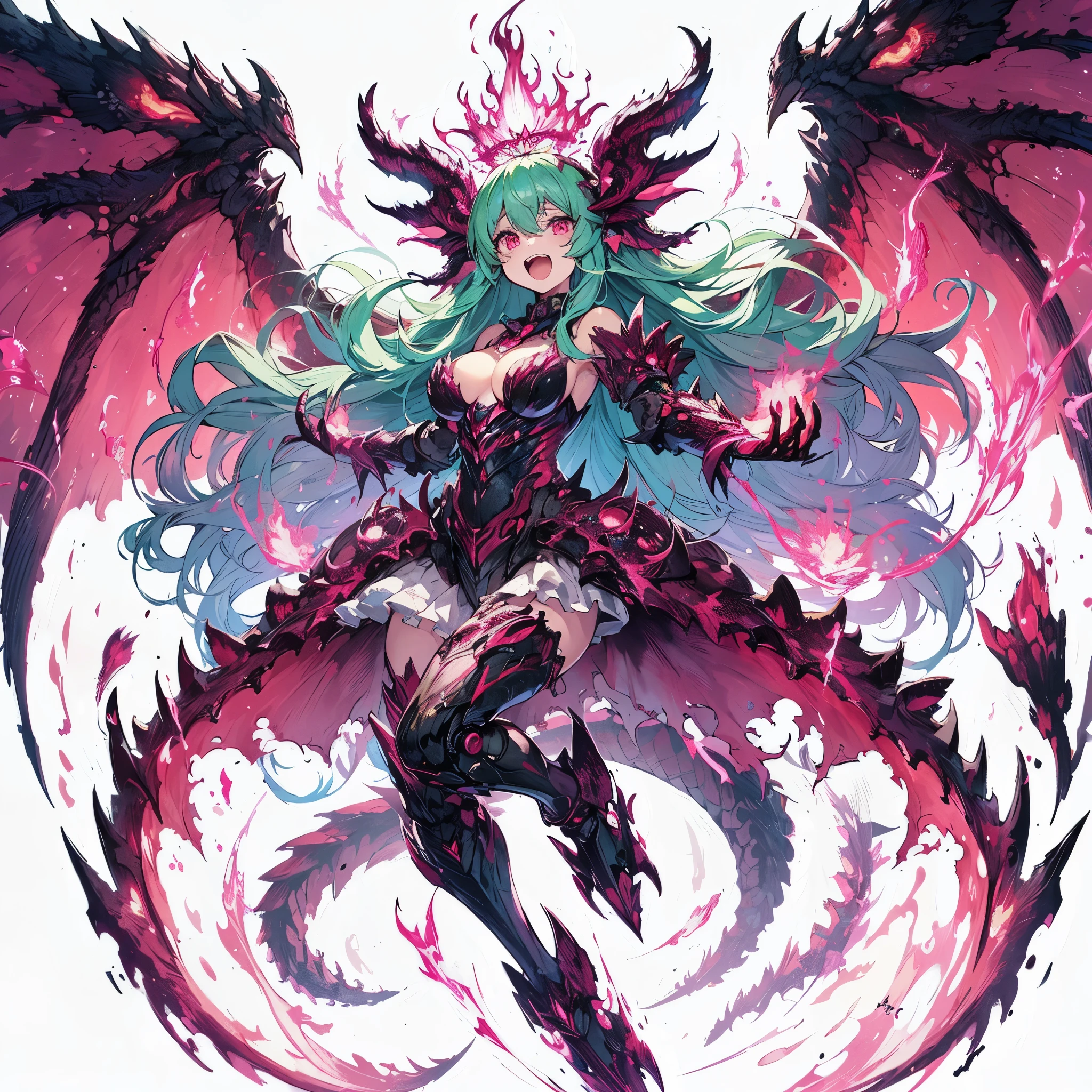 (masterpiece, best quality), ultra detailed, anime like illustration style, full body, solo, flying in undead dragon girl, wings outspread with pink flames, huge arms and massive legs, ((surrounded by pink flames)) sea green hair, sea green power armor, that sheds molten iron like blood, flaming fire crown, held fire sword, red line, red eyes, shouting, burning halo (optical phenomenon), whole body, ultra-massive, muscular, white background, full body standing,
