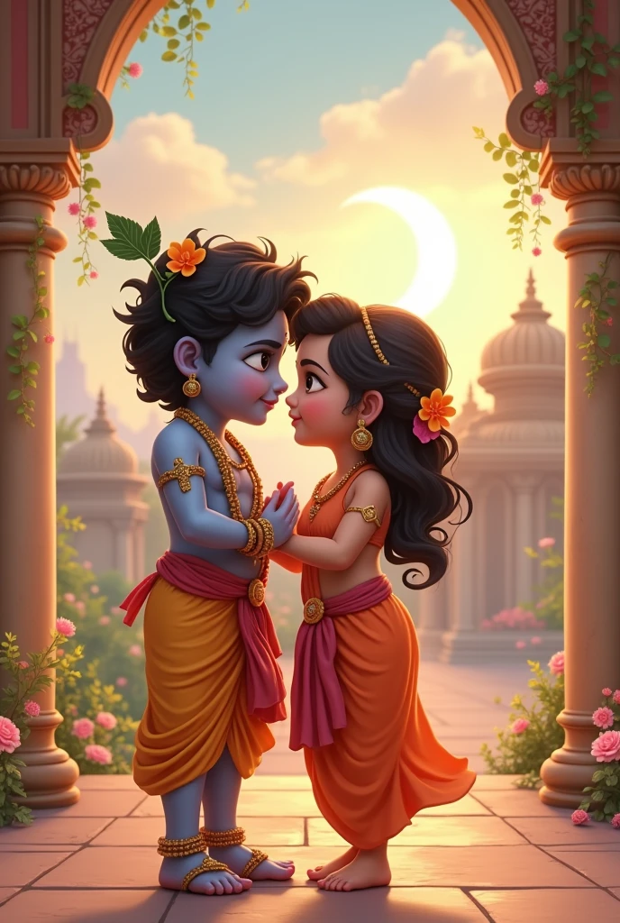 Kids 10 age 
Krishna Radha nights cute moon morning sun cute face amine radhe Krishna text 
 temple background