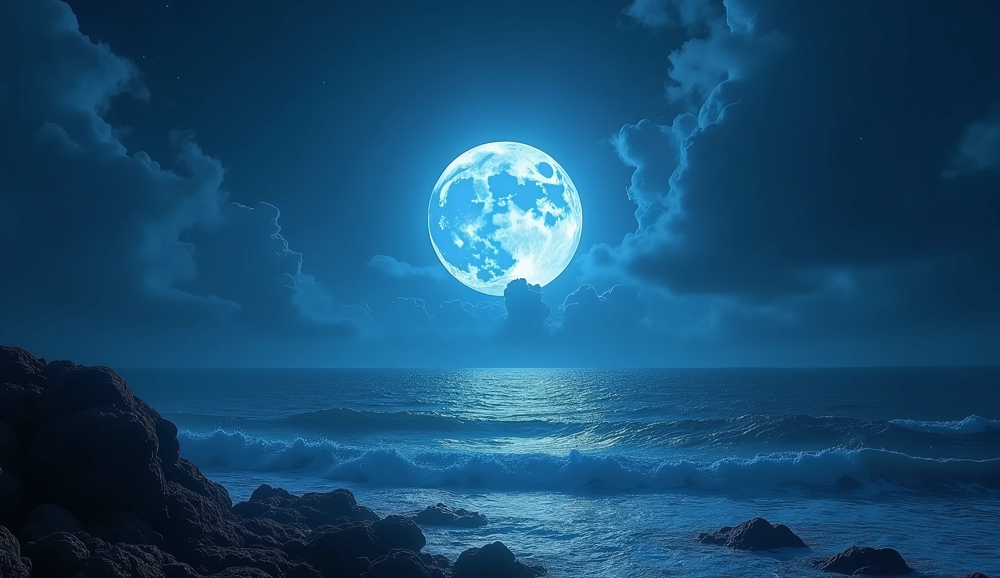 The magnificent sight of a full moon over the vast ocean, Blue Moon Light, (The blue night is very bright,Almost the same as during the day), The blue glow has the Tyndall effect, Soft blue night light, Blue vibe, Moon Landscape, deep Blue vibe, blue glow, blue sunset, Blue Moonlight, Moon surface, dark blue planet,There is seawater,(There are reefs exposed above the water),The sea water reveals the moonlight under the reflection of the moon,(The moon is in the upper center of the picture,The whole picture is blue)((The whole picture is very clear and bright,You can see the outlines of various objects))(((No watermarks)))((More reefs,A little higher))