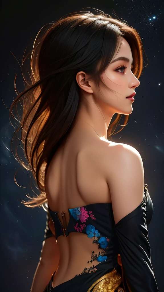 "Step into a world of vibrant colors and stunning details with our AI platform. This masterpiece of a wallpaper features a black background that makes the rich and colorful light truly stand out. The side view of the subject allows you to appreciate every detail, from the particles floating in the air to the mesmerizing heterochromia. Get lost in the beauty of this CG creation."