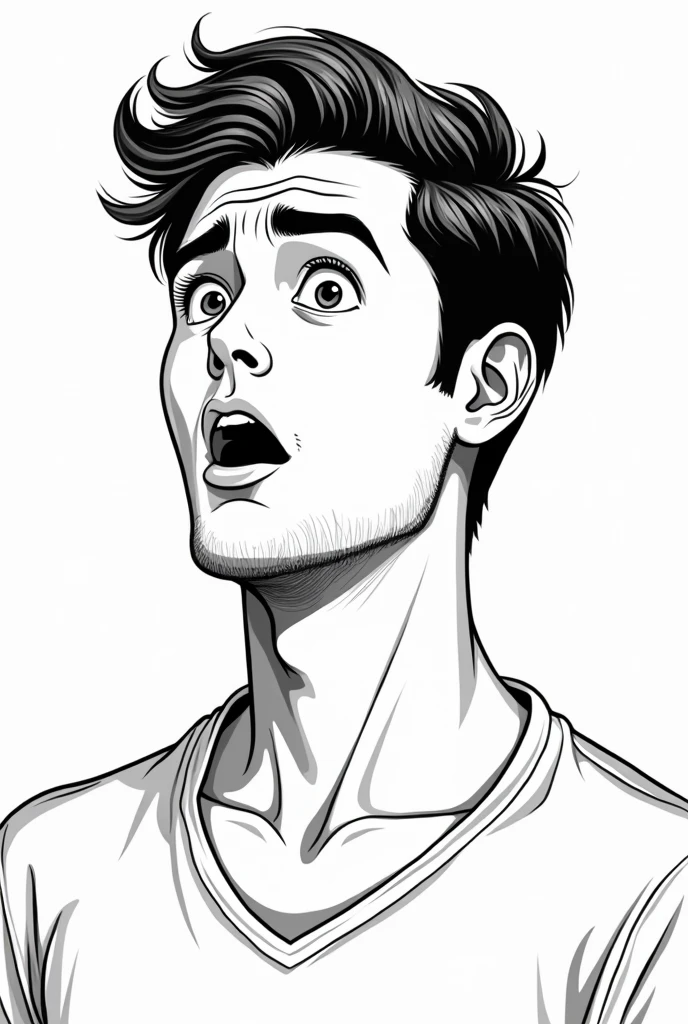 (((Black and white illustration with converging lines)))、(((Young handsome man with surprised face))),