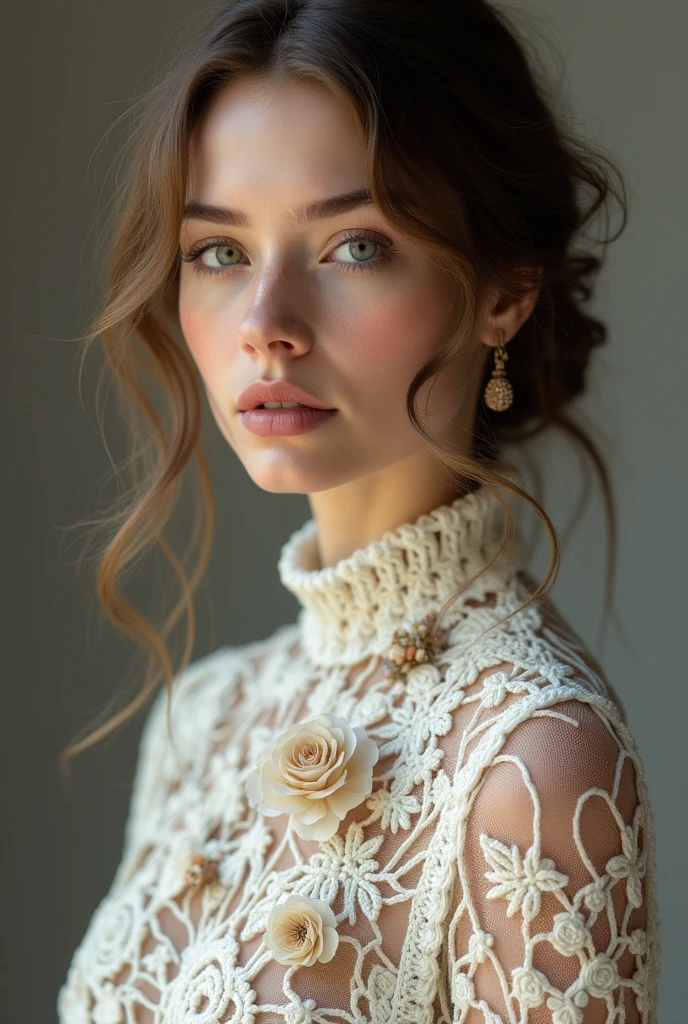 European woman model wearing crochet winter blouse with flower branches in high relief