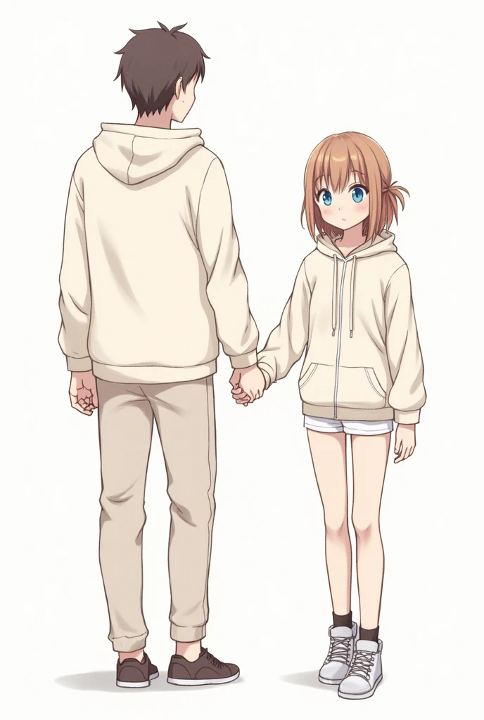 Two people holding hands, one and one, Both of them are wearing kangaroo-type sweatshirts., Girl with blue eyes and bangs, Hair is medium length and below the shoulders, is tall、I have medium-length brown hair, Brown eyes, Please sketch it., thank you