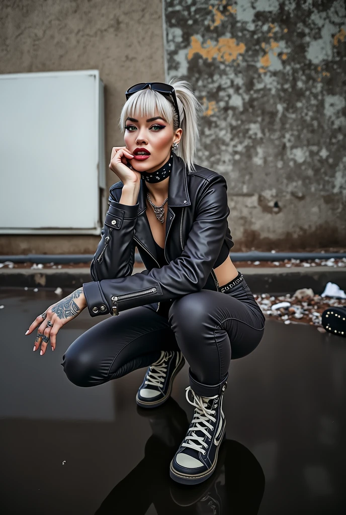 Anglosaxon old milf woman, , blonde platinum hair (pouf, shaved sides and top bun), with very light green eyes, extremely pale.  .Wearing oversized square black maxisunglasses as headband. Wearing studded cropped black moto jacket (verical zippers on the sides,skull badges on sleeves). Black lace push up bra, skinny dark grey jeans with worn and dirty knees. White tennis sneakers, dirty. Lots of thick wide studded  bracelets, chain collars and pendants and big rings. Tacky wide studded leather belt, with big round skull and bones buckle. Long earrings with chains. Squatting,  looking at the photographer. Craving heavily. Hands on knees. Waste and trash all over the floor. Her studded leather bag, thron away. Looking at the camera, chin up. Toned abdominals, thin neck, slim legs and thin arms. Neck, chest and belly completely tattoed. Dirt road of Nairobi after the rain,  puddles on the ground,crowded with muscular shirtless men in jeans, street full of puddles and garbage. Her studded black leather bag is a few metres behind her. Sunny day