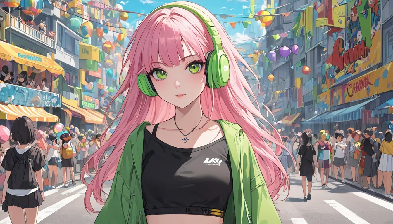 anime girl with pink hair wearing green and yellow headphones, looking at a carnival parade in rio de janeiro, anime styling 4 k, non-style artwork by guweiz, 8K anime art wallpaper, 4k anime art wallpaper, 4K anime art wallpaper, lofi portoRait, lofi girl, anime styling. 8k, melhor anime wallpaper 4k konachan, anime wallpaper 4k