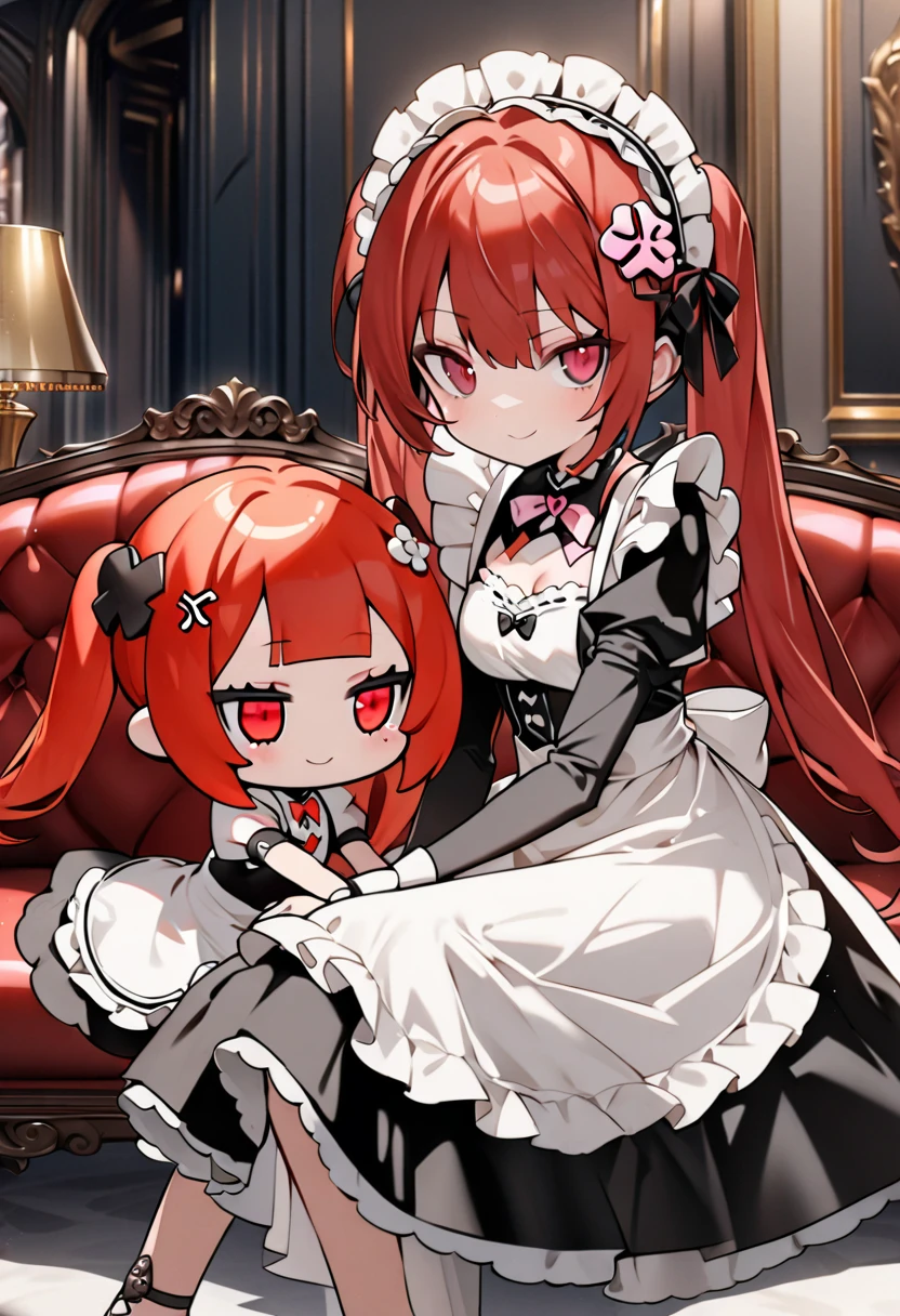 A cute maid-dressed girl and a cute miniature girl are smiling and sitting together on a sofa in a luxurious mansion.、The two girls have red hair and twin tails.、Cute red eyes、Wearing a robot-like barrette。Cute maid hair accessory、She is wearing a gorgeous maid outfit with cute frills.。( The normal-looking girl, who is sister to sister, is stroking the head of the chibi girl with a loving expression.:1.5 ) 。( (The  looks at me with annoyed eyes.:1.3)) 、Accurate anatomical depiction of the human body、High quality, high precision images、Masterpiece、Best Quality、4K、8k、Ultra Detail、Ultra-fine painting、Cinema Lighting、Vivid Color、