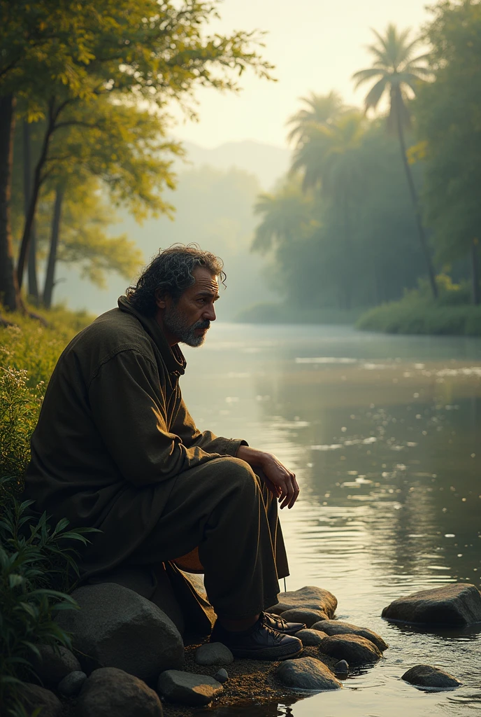 Tom looking exhausted by a river in the early morning