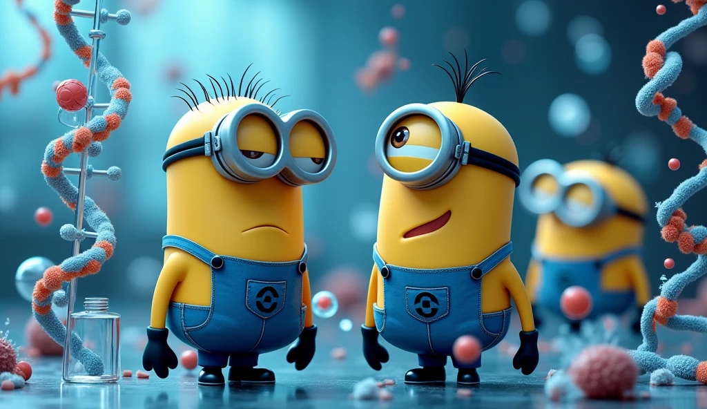 background photo with minions, dna, cells, protein and text SiK26 with S and K capitalize