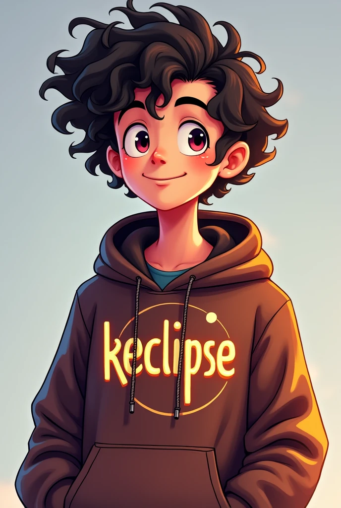 A curly haired man with a hoodie and he knows that it says KEclipse with an eclipse of the gamige theme a little younger who looks more animated