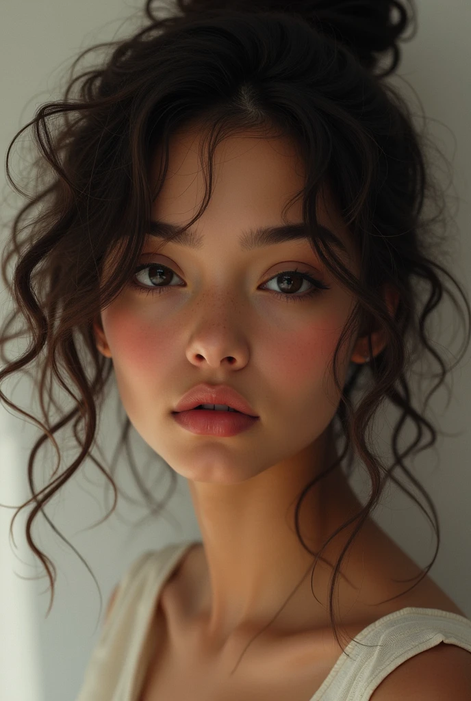 A girl with big straight nose, v shaped jaw, small forehead, plump lips without cupid bow, small sized eyes, wavy curly hairs, medium tan skin tone, thin eyebrows..