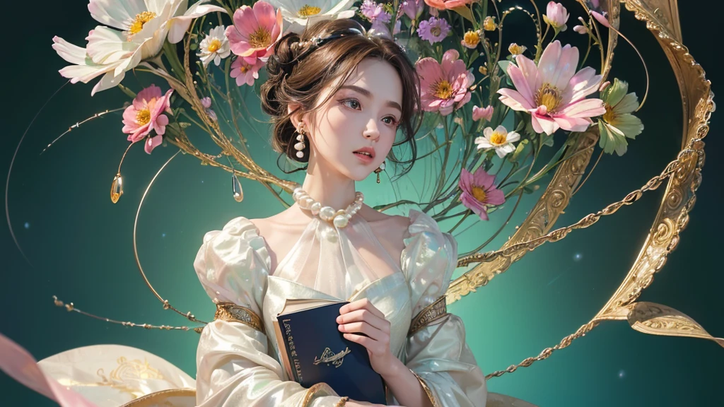 32K, 最高quality, 最高masterpiece, (ultra-Detailed Background, Detailed Background), High resolution, Super detailed, Very detailedな, 1 personの, (bouquet:1.3), (Tangled:1.2), (Geometric:1.2),(colorful),(masterpiece, quality, best quality, Official Art, Beautiful and beautiful:1.2), (1 person:1.3), Very detailed,(colorful:1.1)(Flowers:1.3),Most detailed,(Tangled:1.2), whole body, (Abstract background:1.3), (Skin glows), (Many colors:1.4), ,(Earrings Pearl:1.5), Light green background, It's imaginative., Brunette Hair, Updo, Holding a book, Holding a pen, Satin blouse,