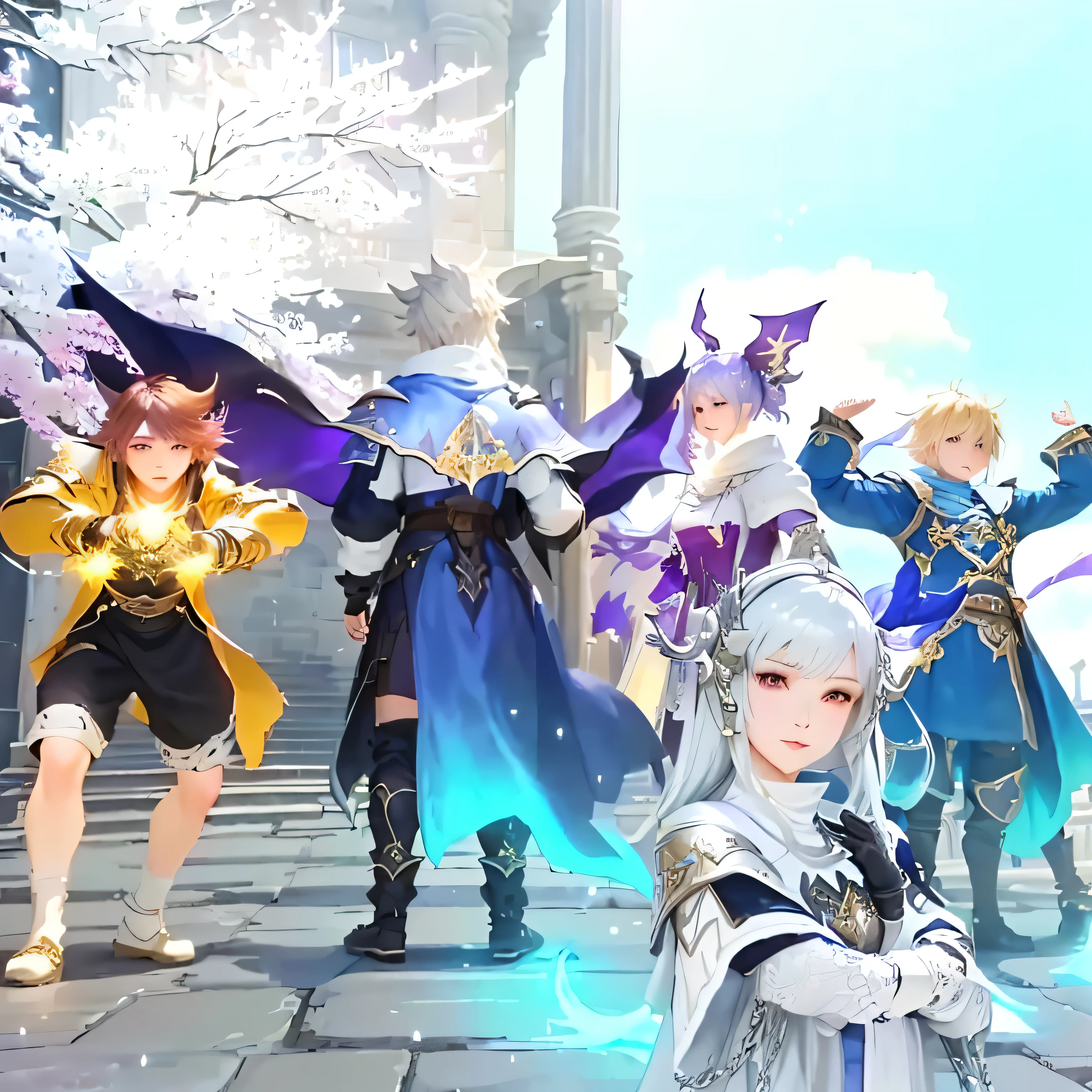 a close up of a group of people standing in front of a building, <mmorpgs scene, arcane style!!!!!, final fantasy 14 style, mmorpg, jrpg fashion, trending on pxiv, tranding on pxiv, holding a pudica pose, perfect android girl family, wearing! robes!! of silver, spellcasting pose