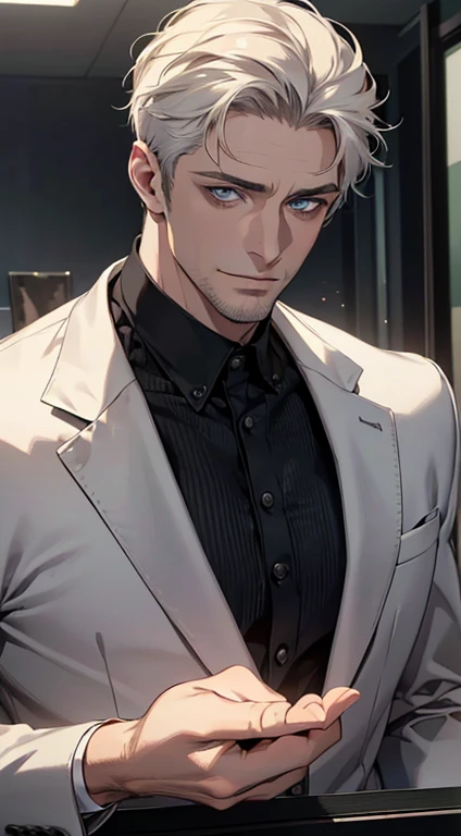 (best quality,4k,8k,highres,masterpiece:1.2),ultra-detailed,(realistic,photorealistic,photo-realistic:1.37),1 man,3,mature man,very handsome,without expression,smile,short white hair,blue eyes,penetrating gaze,perfect face without errors,imposing posture,businessman,office background,cinematic lighting,hdr image