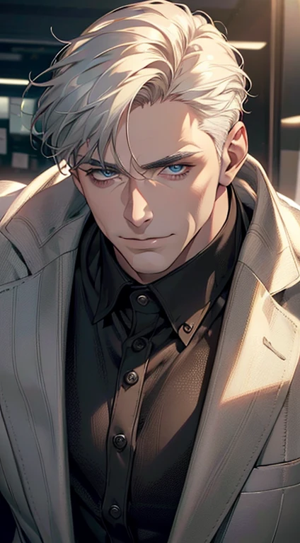 (best quality,4k,8k,highres,masterpiece:1.2),ultra-detailed,(realistic,photorealistic,photo-realistic:1.37),1 man,3,mature man,very handsome,without expression,smile,short white hair,blue eyes,penetrating gaze,perfect face without errors,imposing posture,businessman,office background,cinematic lighting,hdr image