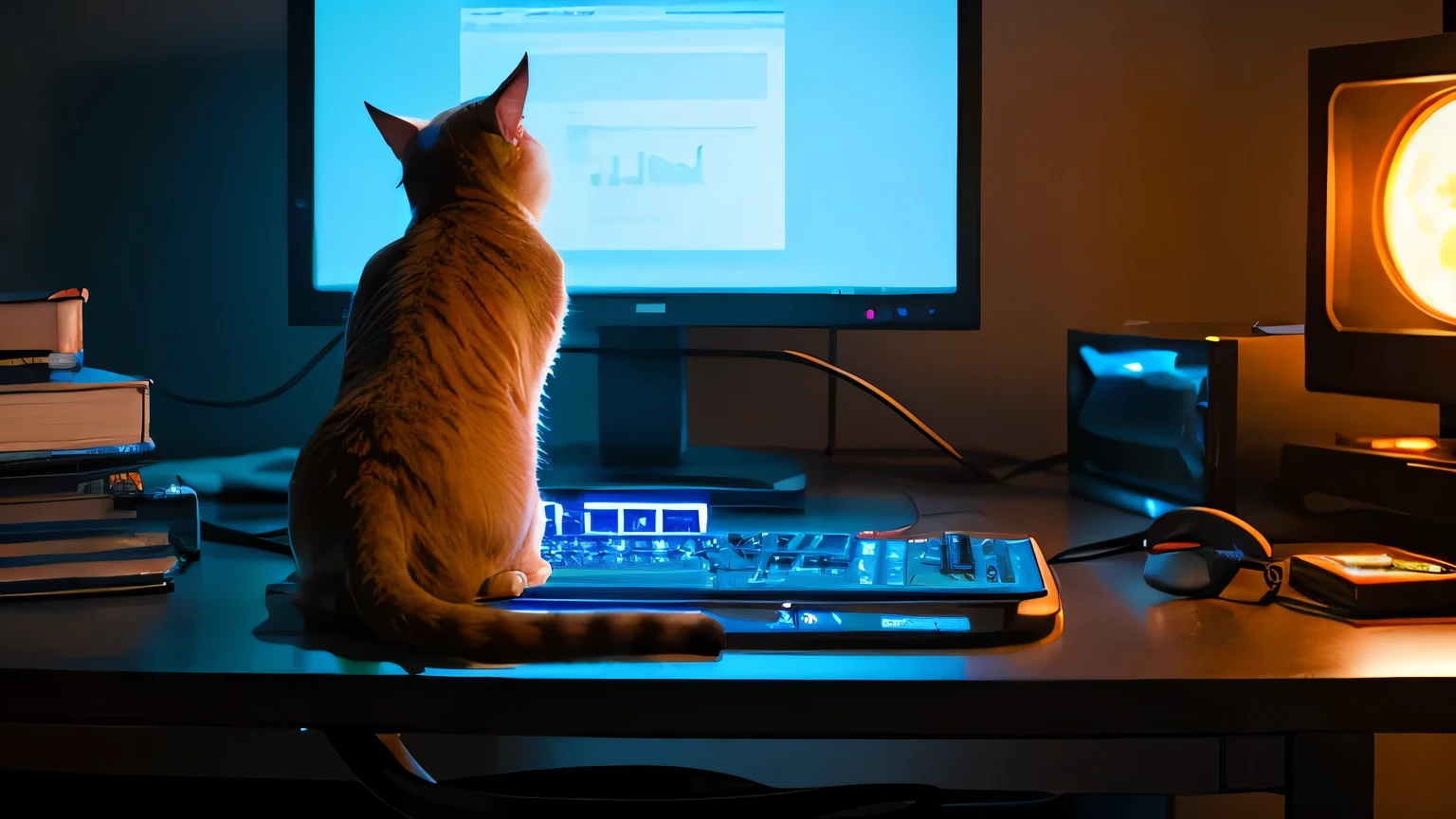 Realistic photos、4K, 8k,masterpiece, A cat operates a computer, on the desk, neon,engineer,Gaming, vivid