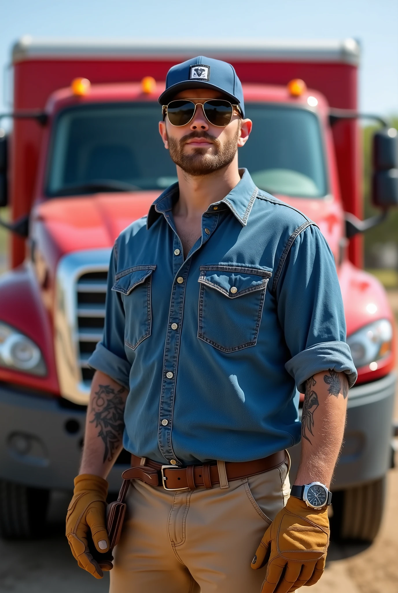 A thirty-year-old contractor standing 178 cm tall, weighs 75 kg, has short brown hair, wearing a blue ball-cap, aviator sunglasses, a blue chambray shirt with rolled-up sleeves, tattoos apparent on both arms, a stainless wristwatch, tan leather work gloves, khaki chinos with a brown leather belt, and brown leather work boots stands in front of a red RAM heavy duty crew cab pick-up with service body