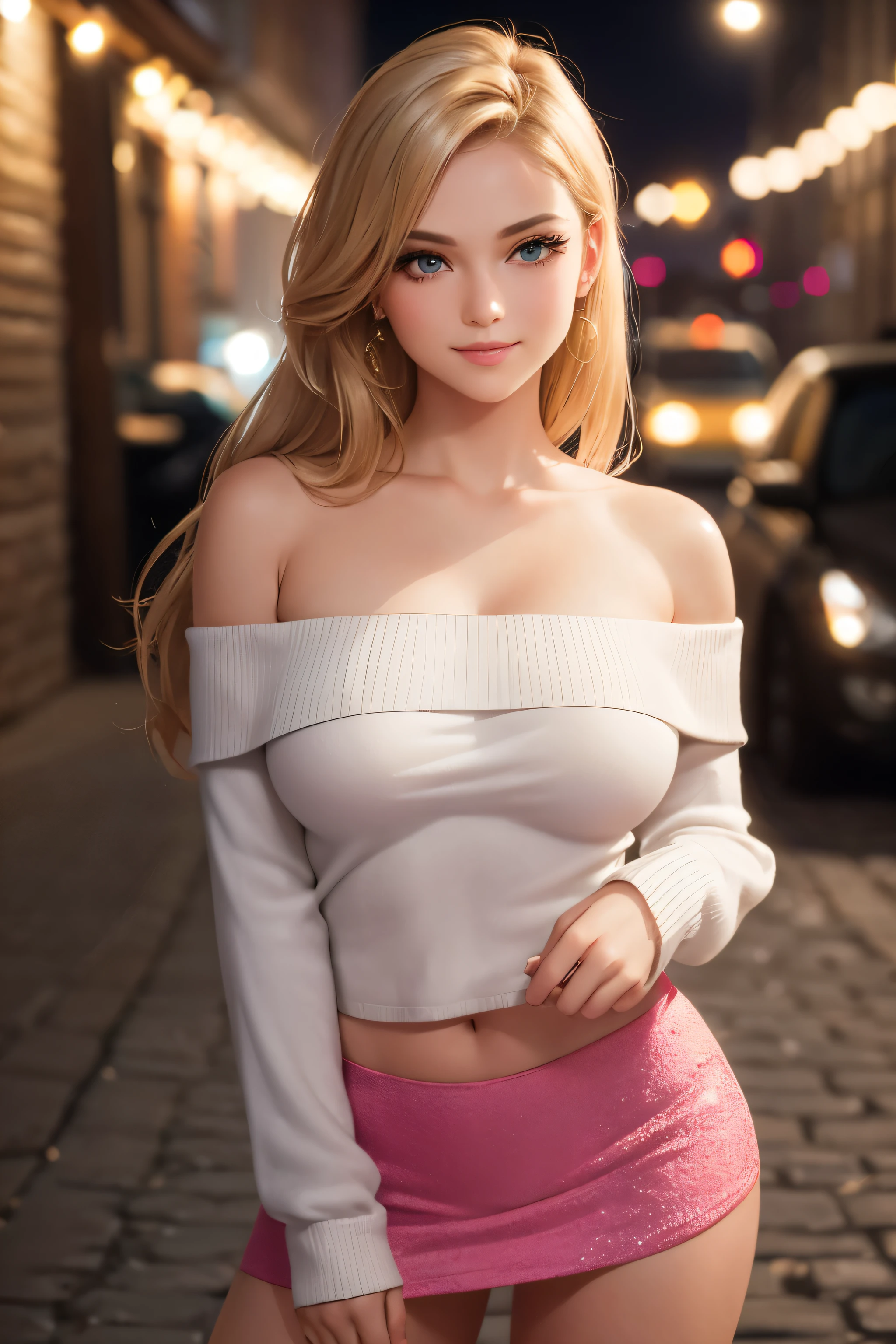 (best quality, ultra-detailed, photorealistic: 1.39), Face of naughty 1 ager, Large, breasts, bright and vibrant colors, studio lighting, seductive expression, beautiful detailed off-shoulder sweater:1.2 , sensual white mini skirt, elegant makeup, long blonder hair flowing in the wind, attractive eyes, lips bright, sexy pose, beautiful roses, smiling confidently and seductively, posing for a professional photo shoot, shallow depth of field, soft natural lighting, creating a dreamy and magical atmosphere. on the street, night