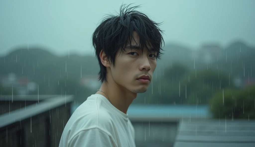 A male Japanese college student wearing white clothes is looking down with a gloomy expression on top of a building,Excited, Photo of your face, In the pouring rain, with a natural look, With a slightly tired look, tilt your face a little, Diagonal orientation, Average face