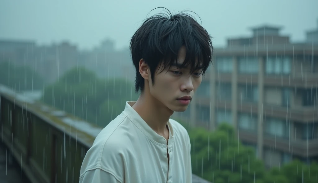 A male Japanese college student wearing white clothes is looking down with a gloomy expression on top of a building,Excited, Photo of your face, In the pouring rain, with a natural look, With a slightly tired look, tilt your face a little, Diagonal orientation, Average face
