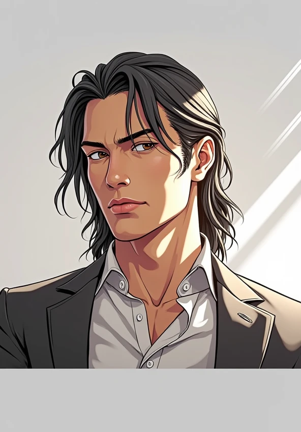 Handsome young billionaire, long black hair, wearing a business suit. Dominating aura.