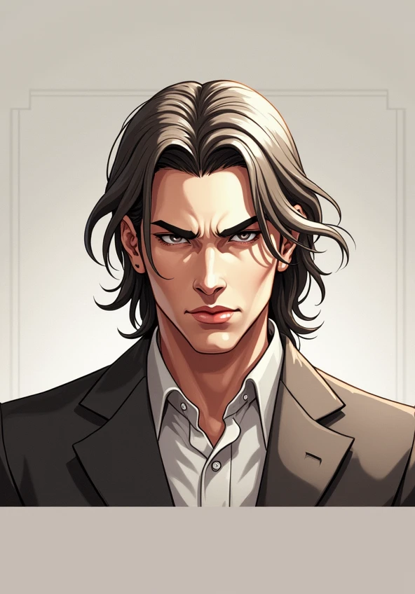 Handsome young billionaire, long black hair, wearing a business suit. Dominating aura.