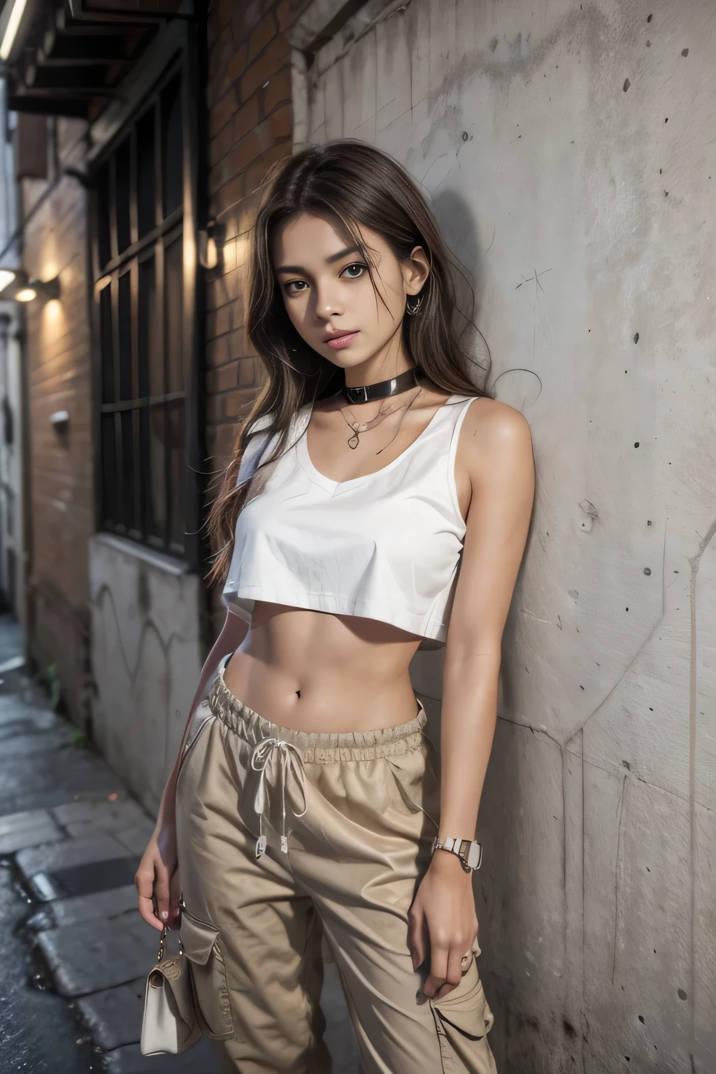 young woman, straight brown hair, dark and tanned skin, wearing a white top and beige cargo pants, Ao fundo, a wall with graffiti at night, wearing a collar with a dog tag