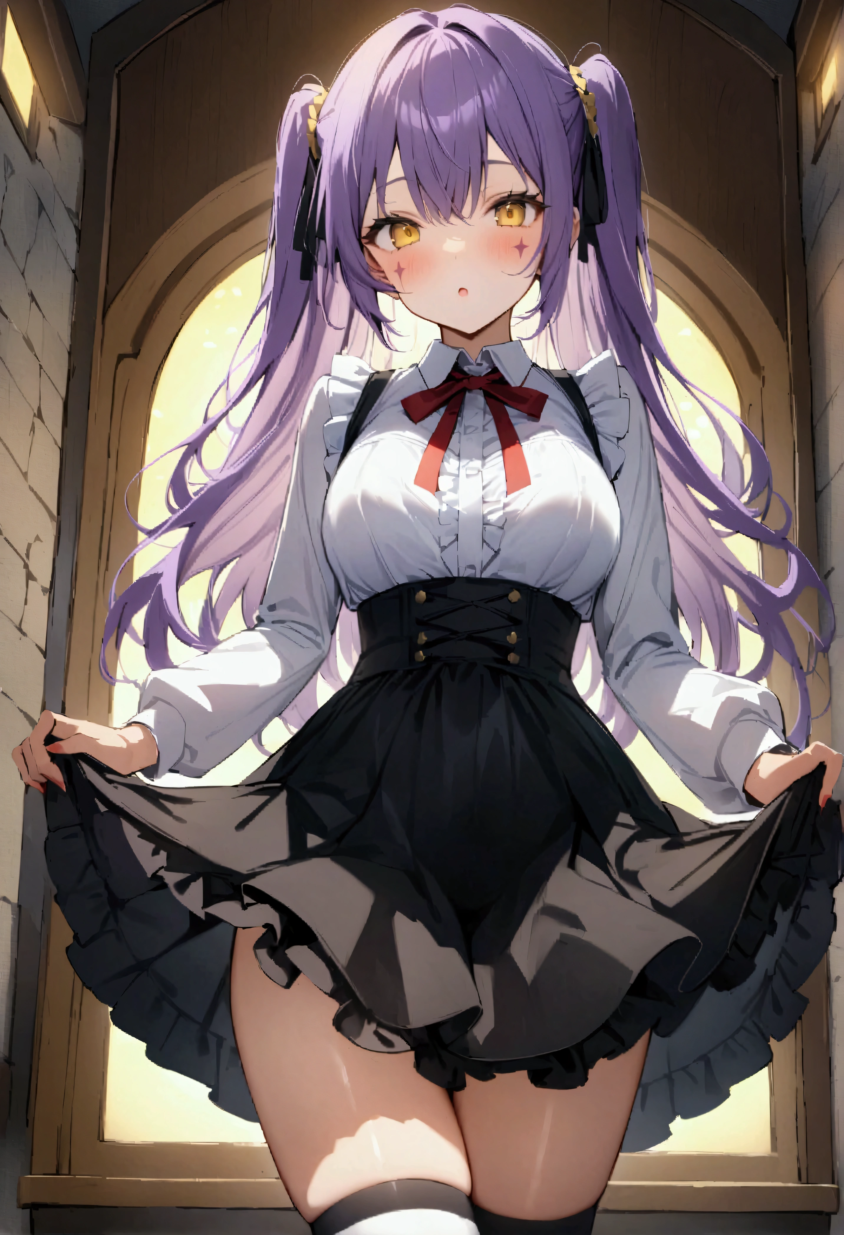 score_9、score_8_up、score_7_up、score_6_up、score_5_up、score_4_up、source_アニメ、One person、solo、Lord Camelot、Dark Skin、Face mark、Purple Hair、Yellow Eyes、Frills、White shirt、Frillsのシャツ、Neck ribbon、Red ribbon、Long sleeve、Black Skirt、Striped knee socks、masterpiece、Highest quality、very beautiful、Absurd、