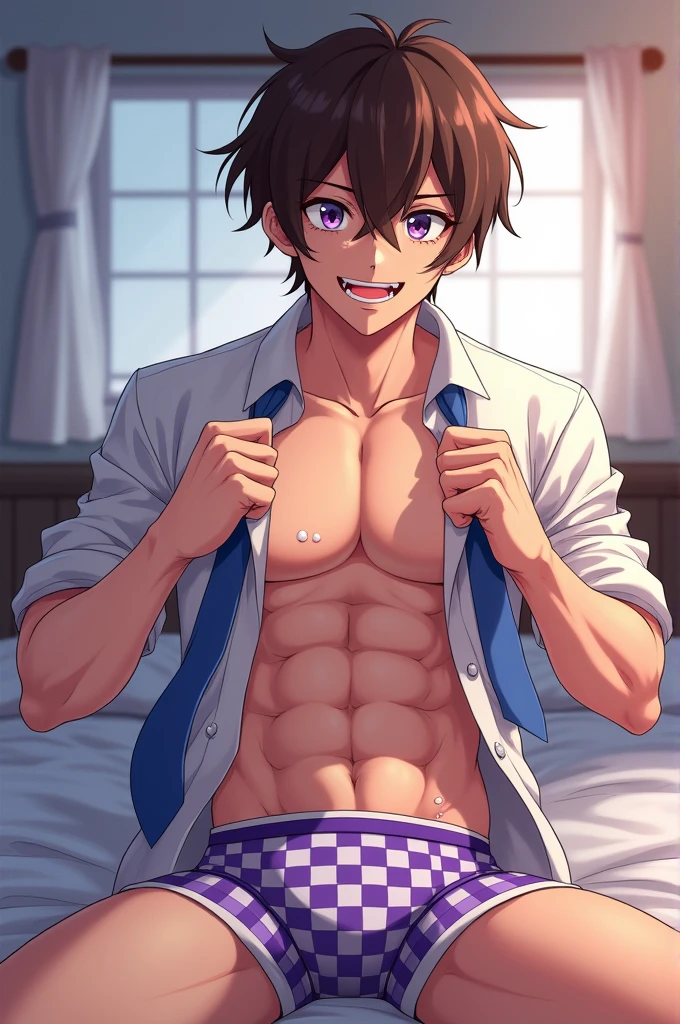Un garçon dans le style animé japonais cheveux brun yeux violet  musclé dans sa chambre assis sur son lit en train de déshabiller son pantalon on peut apercevoir  son boxer  violet à carreaux blanc il porte une chemise blanche ça cravate bleu dinoué expression du visage il sourit avec ses dents carnassier beau gosse sexy  transpiration on peut apercevoir son boxer  à une érection sexy  serrer