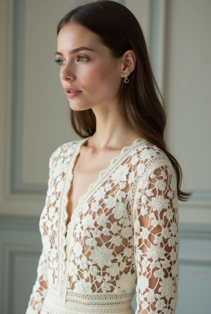 European woman model wearing crochet winter blouse with crochet flowers in high relief