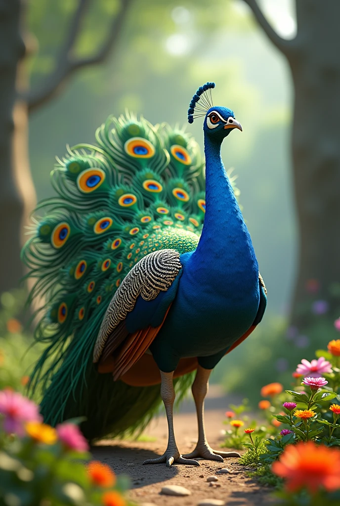 In 3D animation generate" A detailed image of the peacocks displaying its colorful feathers in the Vrindavan setting.
."
