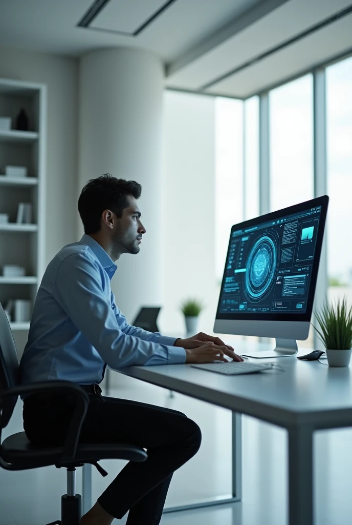 A person using artificial intelligence in a simple office. The person is sitting at a table, using a computer, with an expression of concentration and curiosity. The office environment is modern and minimalist, with little furniture and equipment, like a table, a chair and a bookshelf in the background. The computer screen should show an AI interface, no visible texts. The lighting is clear and natural, creating an atmosphere of productivity and innovation.