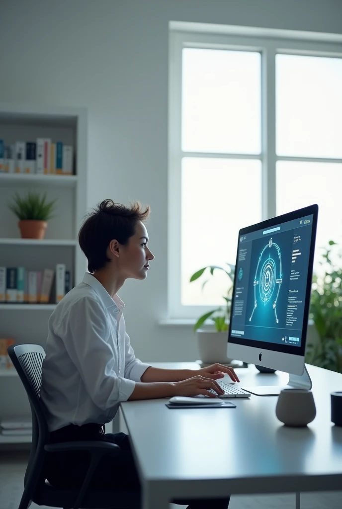 A person using artificial intelligence in a simple office. The person is sitting at a table, using a computer, with an expression of concentration and curiosity. The office environment is modern and minimalist, with little furniture and equipment, like a table, a chair and a bookshelf in the background. The computer screen should show an AI interface, no visible texts. The lighting is clear and natural, creating an atmosphere of productivity and innovation.