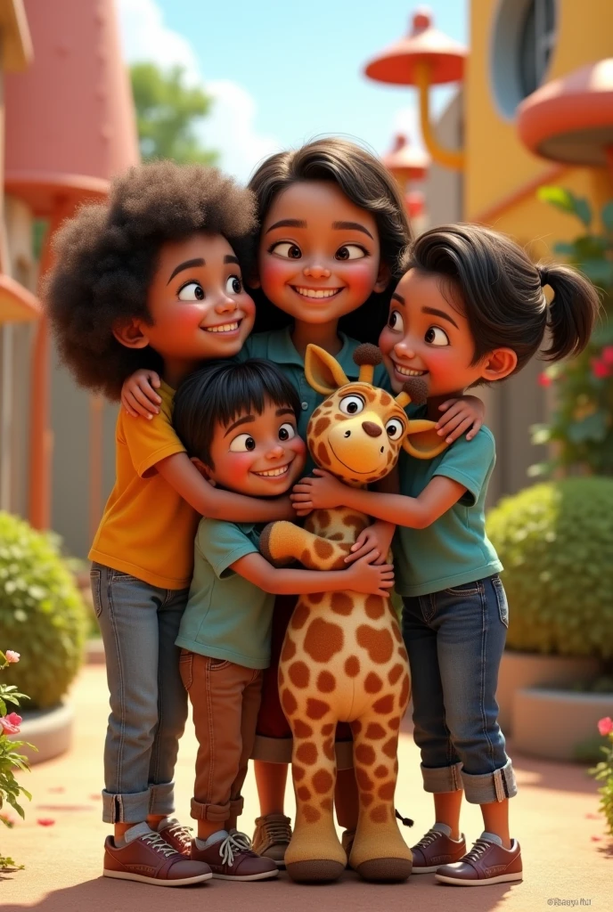 Several Latino children hugging each other and a stuffed giraffe between them in the Pixar-style park