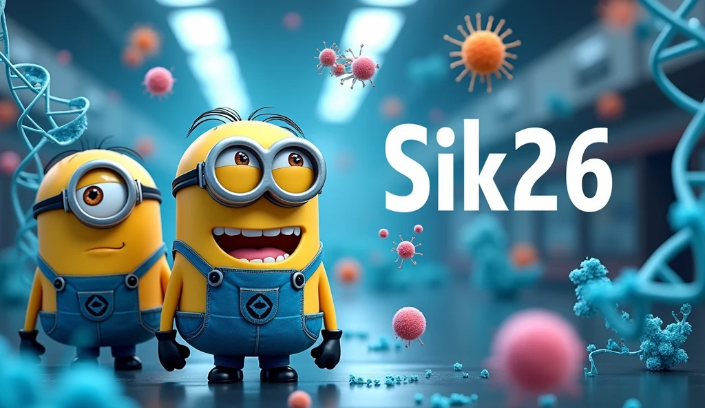 background photo with minions, dna, cells, protein and text SiK26 with S and K capitalize