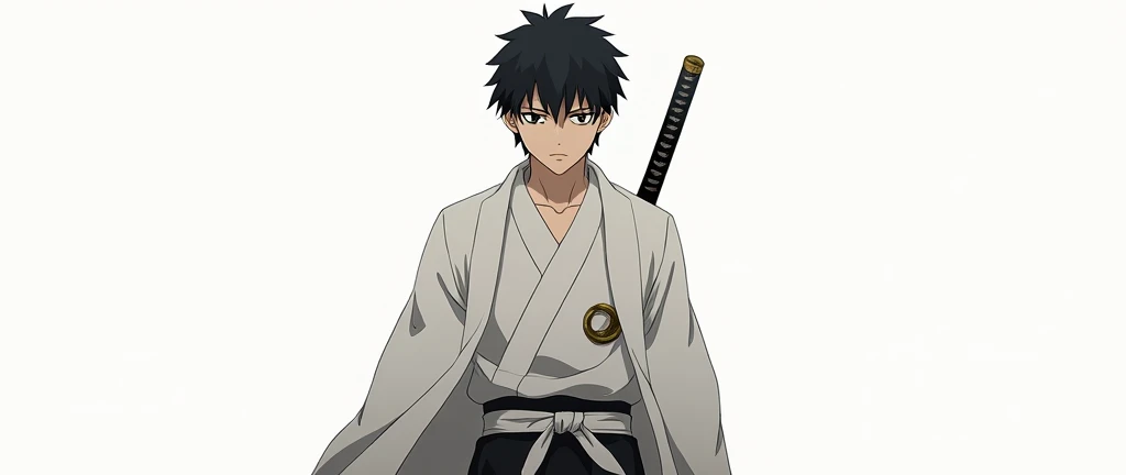 Yuta okkotsu, (jujutsu kaisen), (Black hair), (hair cut), black eyes, (dark circles under the eyes), serious expression, white jujutsu uniform coat with ring, (black pants), (white belt waist), (holding katana), (masterpiece), (anime screencap), (handsome), (young man)