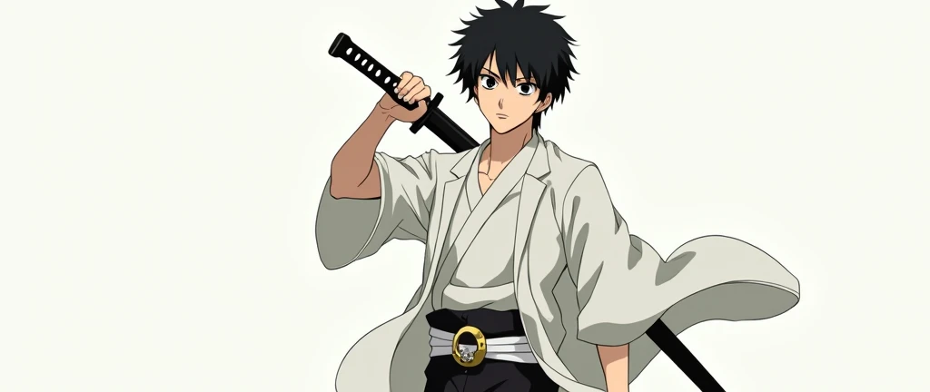 Yuta okkotsu, (jujutsu kaisen), (Black hair), (hair cut), black eyes, (dark circles under the eyes), serious expression, white jujutsu uniform coat with ring, (black pants), (white belt waist), (holding katana), (masterpiece), (anime screencap), (handsome), (young man)